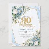 Invitation Dusty blue gold botanicals frame 90th birthday  (Devant)
