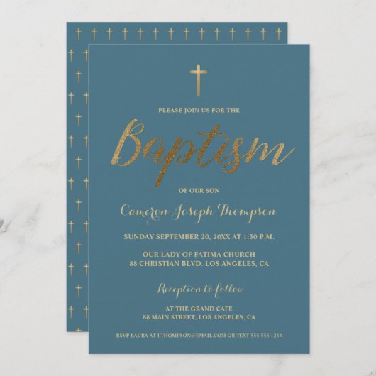 Invitation Dusty Blue Gold Cross Custom Baby boy Baptême (Devant / Derrière)