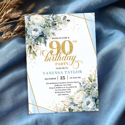 Invitation Dusty blue gold elegant florals 90th birthday card