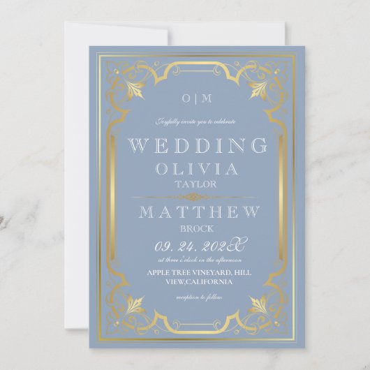 Invitation Dusty Blue Gold Elegant Ornate Romantique Mariage (Devant)