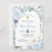 Invitation Dusty Blue Gold Floral Baptism (Devant)