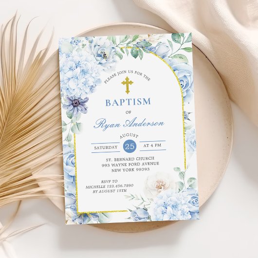 Invitation Dusty Blue Gold Floral Baptism