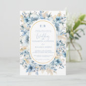 Invitation Dusty Blue Gold Floral Bloom tout en un Mariage (Debout devant)