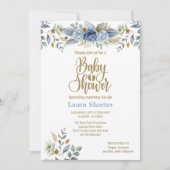 Invitation Dusty Blue Gold Floral Boy Baby shower (Devant)