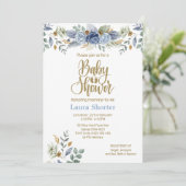Invitation Dusty Blue Gold Floral Boy Baby shower (Debout devant)