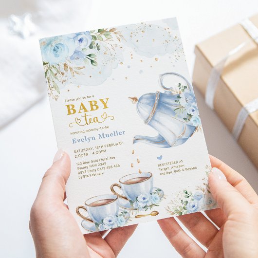 Invitation Dusty Blue Gold Floral Boy Baby shower Tea Party