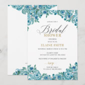 Invitation Dusty Blue Gold Floral Fête des mariées moderne (Devant / Derrière)