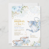 Invitation Dusty Blue Gold Floral Fête des mariées Tea Party (Devant)
