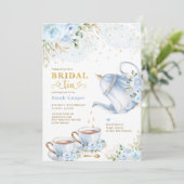 Invitation Dusty Blue Gold Floral Fête des mariées Tea Party (Debout devant)