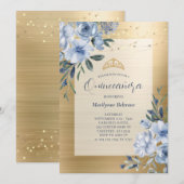 Invitation Dusty Blue Gold Floral Quinceañera (Devant / Derrière)