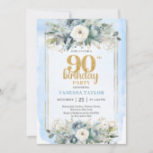 Invitation Dusty Blue Gold Frame Modern 90th Birthday Invite (Devant)