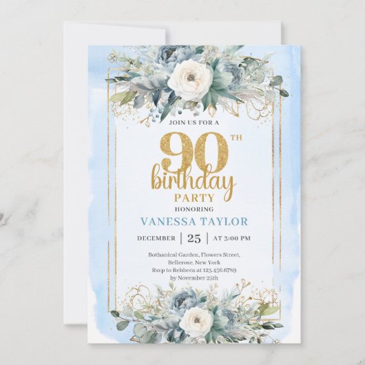 Invitation Dusty Blue Gold Frame Modern 90th Birthday Invite (Devant)