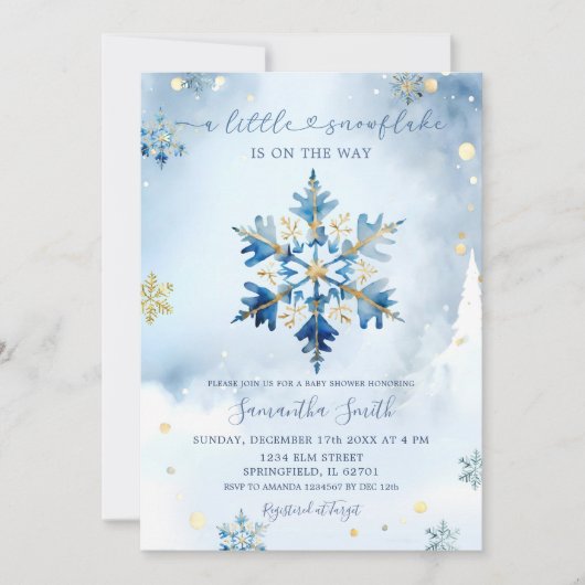 Invitation Dusty Blue Gold Hiver Snowflake Baby shower (Devant)