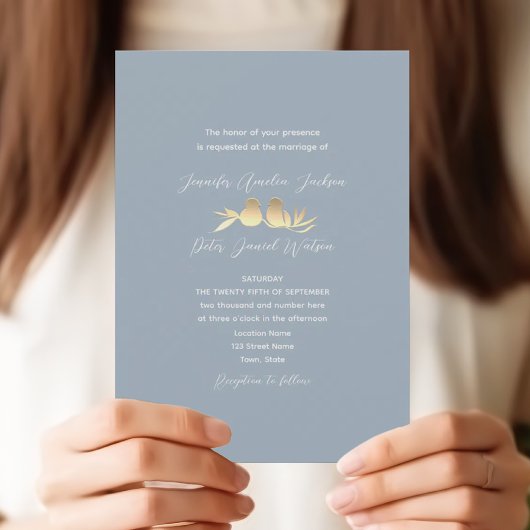 Invitation Dusty Blue Gold Lovebirds Wedding