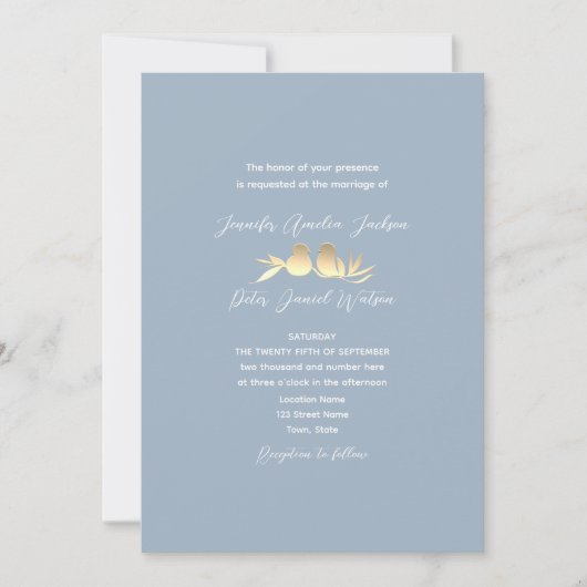 Invitation Dusty Blue Gold Lovebirds Wedding (Devant)