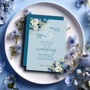Invitation Dusty Blue Gold Parties scintillant Floral Mariage