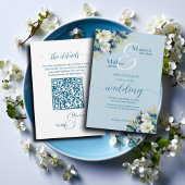 Invitation Dusty Blue Gold Parties scintillant Floral QR Code