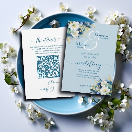 Invitation Dusty Blue Gold Parties scintillant Floral QR Code