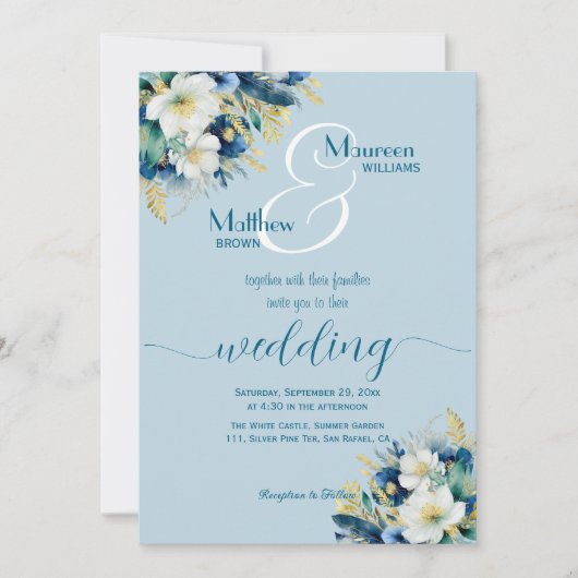 Invitation Dusty Blue Gold Parties scintillant Floral QR Code (Devant)