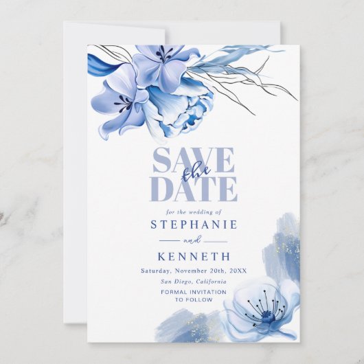 Invitation Dusty Blue & Gold Parties scintillant Mariage Enre (Devant)