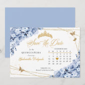 Invitation Dusty Blue & Gold Quinceañera Enregistrer La Date (Devant / Derrière)