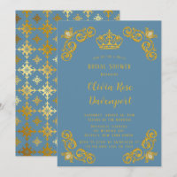Dusty Blue & Gold Royal Crown Damask Fête des mari