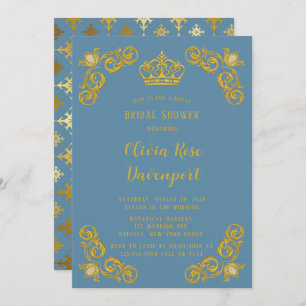 Invitation Dusty Blue & Gold Royal Crown Damask Fête des mari