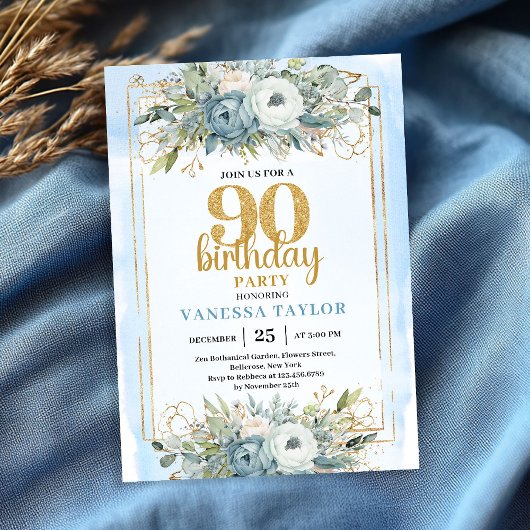 Invitation Dusty Blue Gold Sparkle Elegant 90th Birthday