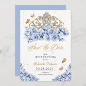 Invitation Dusty Blue & Gold Tiara Enregistrer La Date Quince (Devant / Derrière)