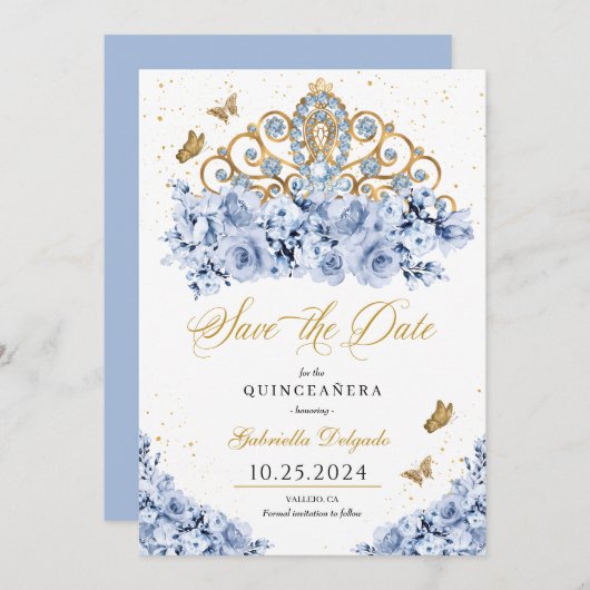 Invitation Dusty Blue & Gold Tiara Enregistrer La Date Quince (Devant / Derrière)
