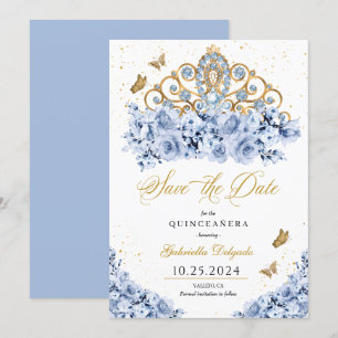 Invitation Dusty Blue & Gold Tiara Enregistrer La Date Quince