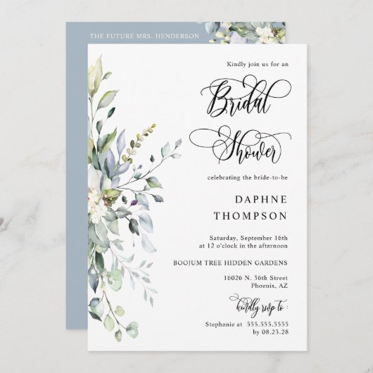 Invitation Dusty Blue Green Fête des mariées QR Code Photo (Devant / Derrière)