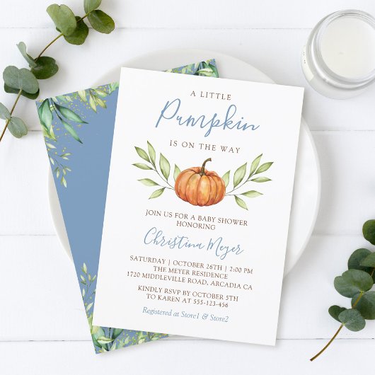 Invitation Dusty Blue Greenery Baby shower Citrouille d'autom