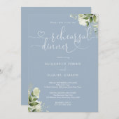 Invitation Dusty Blue Greenery Coeur Script de répétition Dîn (Devant / Derrière)