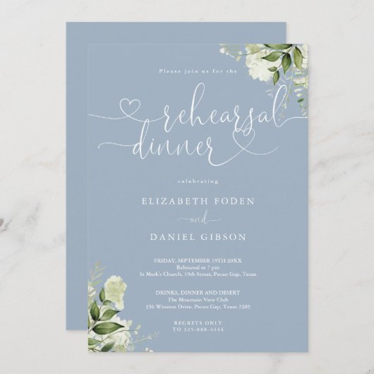 Invitation Dusty Blue Greenery Coeur Script de répétition Dîn (Devant / Derrière)