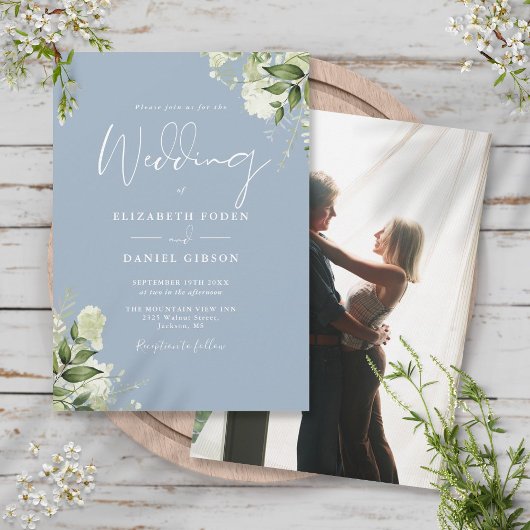Invitation Dusty Blue Greenery Feuilles Élégant Mariage photo