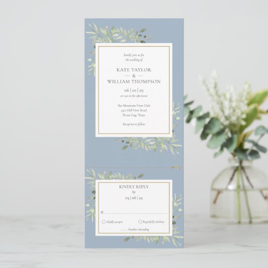 Invitation Dusty Blue Greenery Feuilles tout en un Mariage (Debout devant)
