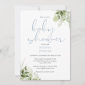 Invitation Dusty Blue Greenery Floral Boy Baby shower (Devant)