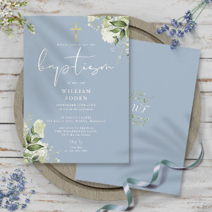 Invitation Dusty Blue Greenery Floral Monogramme Baptême