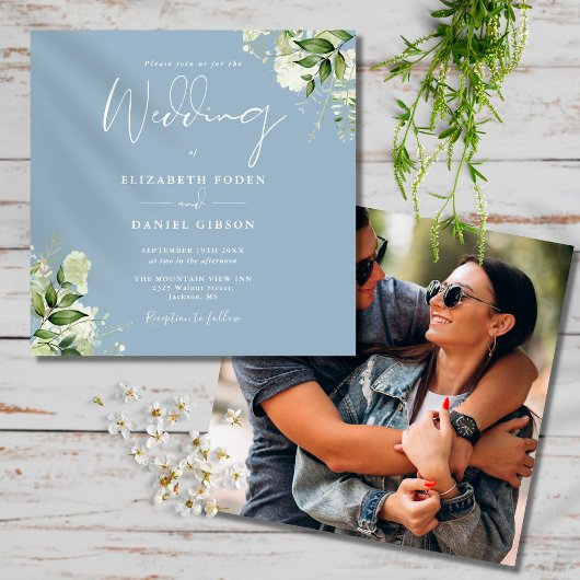 Invitation Dusty Blue Greenery Floral Photo Carré Mariage
