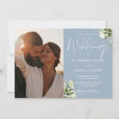 Invitation Dusty Blue Greenery Floral Photo Mariage (Devant)