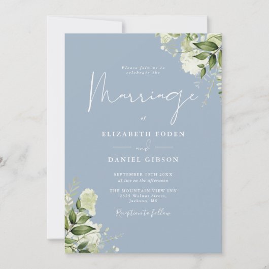 Invitation Dusty Blue Greenery Floral QR Code Mariage (Devant)