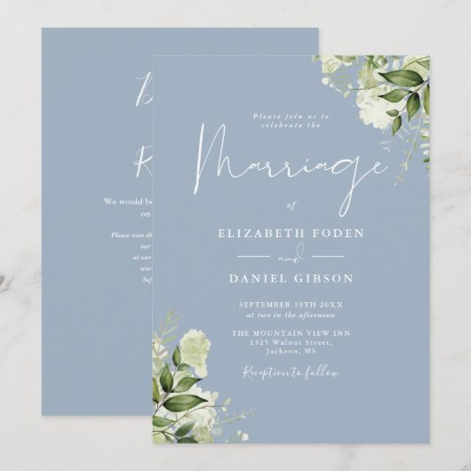 Invitation Dusty Blue Greenery Floral QR Code Mariage (Devant / Derrière)