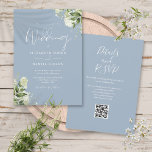 Invitation Dusty Blue Greenery Floral QR Code Mariage<br><div class="desc">Cet élégant faire-part de mariage feuille botanique bleu poussiéreux peut être personnalisé avec vos informations dans la typographie chic avec les détails de votre site web mariage et votre code QR au verso. Conçu par Thisisnotme©</div>