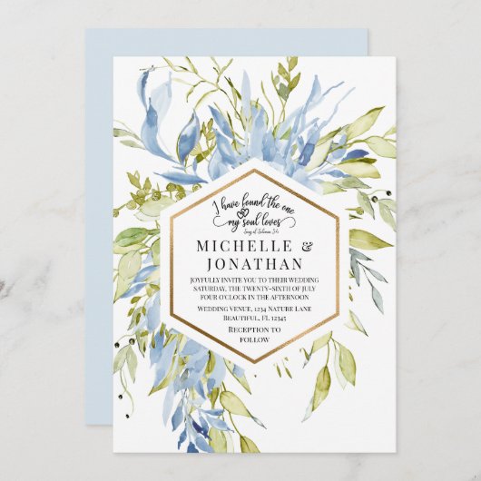 Invitation Dusty Blue Greenery Gold Frame Christian Mariage (Devant / Derrière)