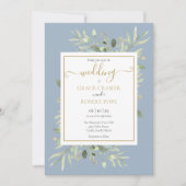 Invitation Dusty Blue Greenery Gold Mariage de script géométr (Devant)