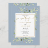 Invitation Dusty Blue Greenery Gold Mariage de script géométr (Devant / Derrière)
