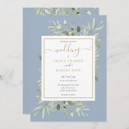 Invitation Dusty Blue Greenery Gold Mariage de script géométr (Devant / Derrière)