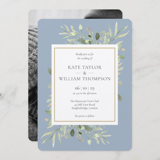 Invitation Dusty Blue Greenery Metallic Silver Mariage photo (Devant / Derrière)