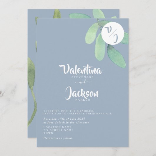 Invitation Dusty Blue Greenery Monogram Mariage (Devant / Derrière)
